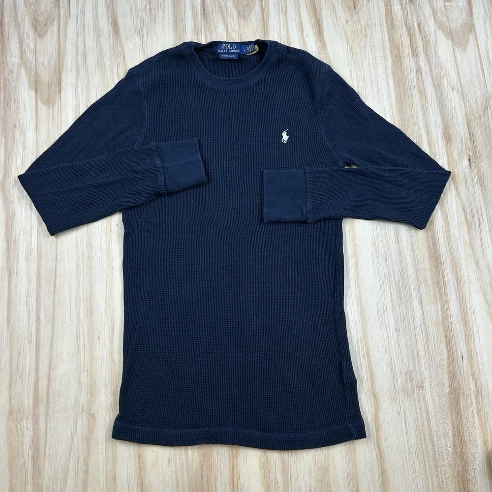 Polo Ralph Lauren Thermal Shirt Mens Large Slim Fit Navy Blue Waffle Knit